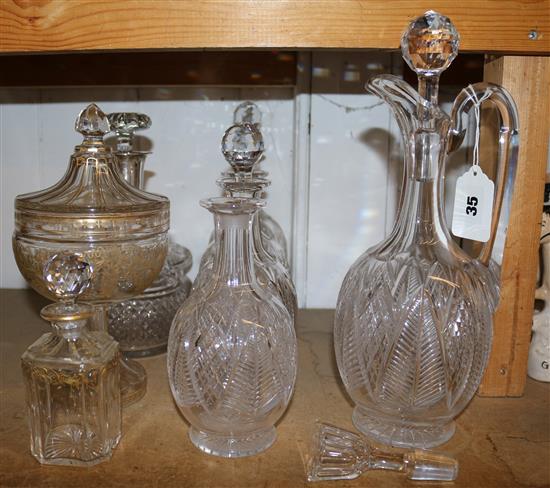 Set of 5 cut glass decanters & silver mounted decanter, bottle jar etc.